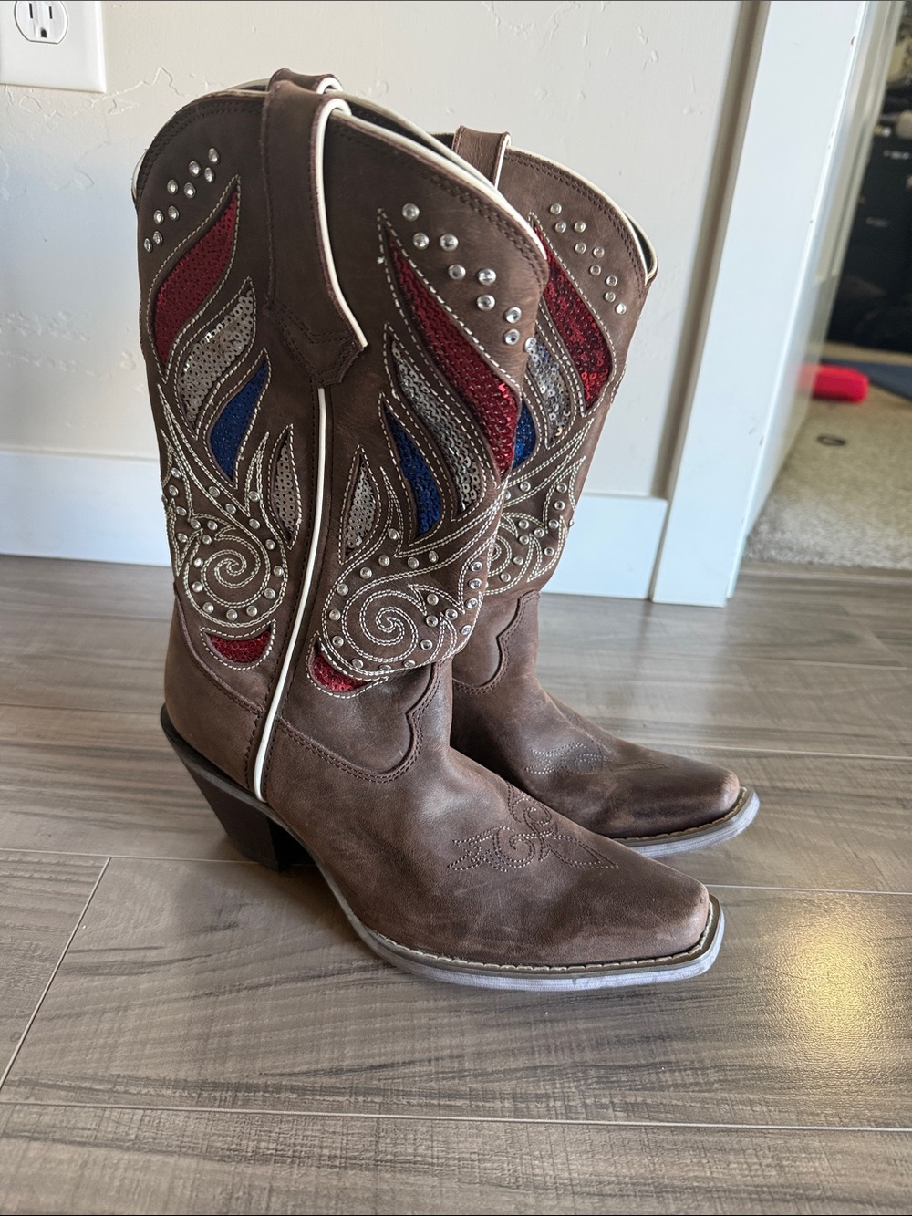Durango Brown Western Embroidered Women's Cowboy Boots with Red & Blue Accents
